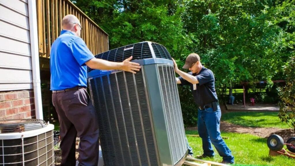 2 persons installing heat pump out side of house.