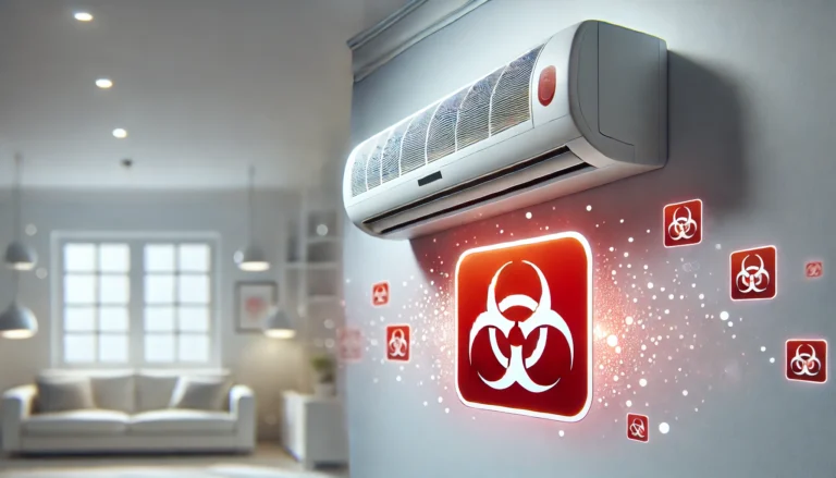 A modern air conditioning unit installed on a wall, with a clean and safe indoor environment. A red warning symbol with a carbon monoxide icon is shown fading in the background to indicate awareness. The image is well-lit, emphasizing home safety and air quality.