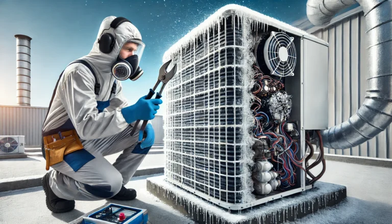 A modern air conditioning unit with visible ice buildup on its coils being examined by a professional HVAC technician in protective gear. The technician is using specialized tools to diagnose the issue. The background features an outdoor industrial setting with a clear blue sky, emphasizing technical precision and urgency.