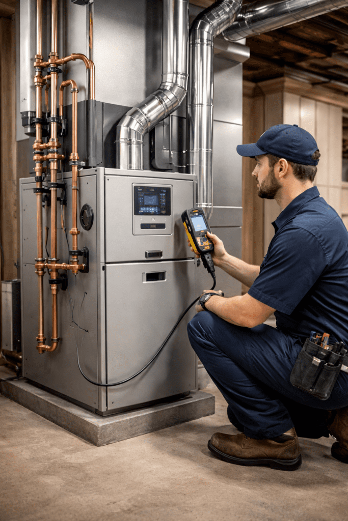 HVAC technician testing a newly installed Ultra-Low NOx furnace in a residential basement.