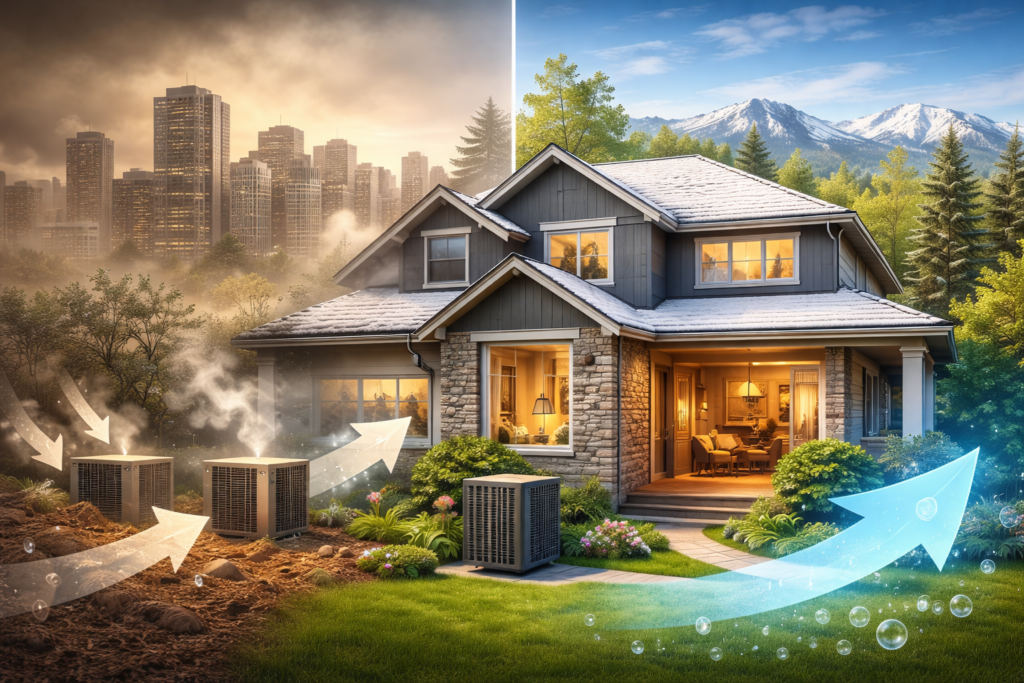 Denver home with modern HVAC system contrasted against city air quality and mountain backdrop, illustrating emissions standards and indoor comfort.