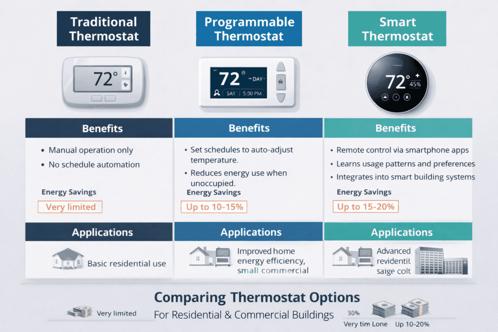Infographic comparing traditional, programmable, and smart thermostats, highlighting energy savings, control features, and applications for residential and commercial buildings
