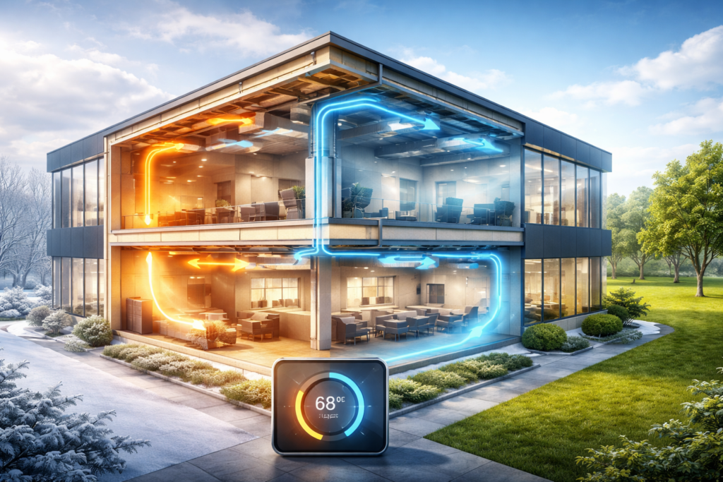 HVAC efficiency concept showing seasonal heating and cooling optimization in a commercial building