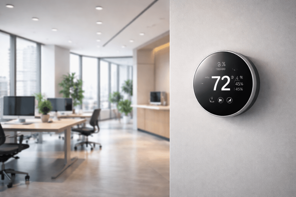 Smart thermostat installed in a modern commercial office controlling HVAC system efficiently