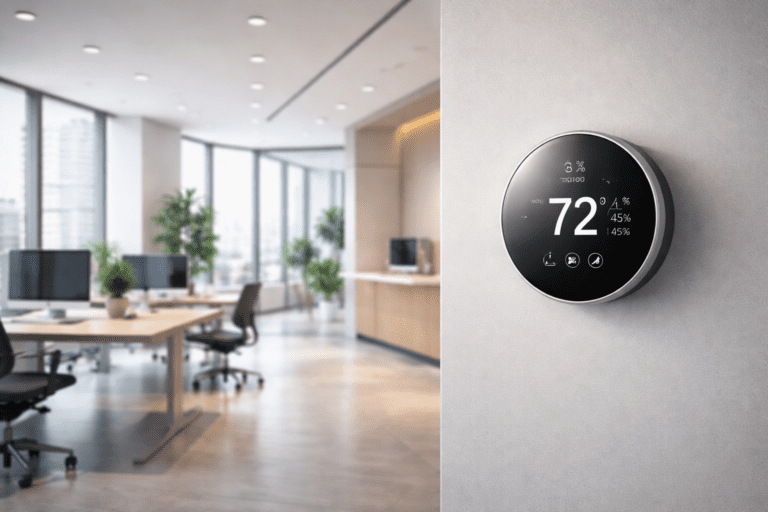 Smart thermostat installed in a modern commercial office controlling HVAC system efficiently