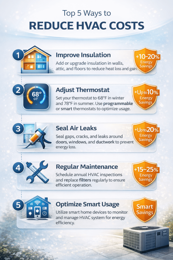 Professional vertical infographic titled “Top 5 Ways to Reduce HVAC Costs” featuring five sections with icons for insulation, thermostat adjustment, sealing air leaks, regular maintenance, and smart usage, each paired with estimated percentage energy savings, clean blue and orange modern business design on a light background