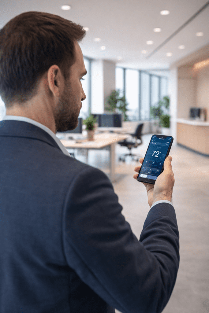 Facility manager using a smartphone app to remotely control building temperature in a modern office environment