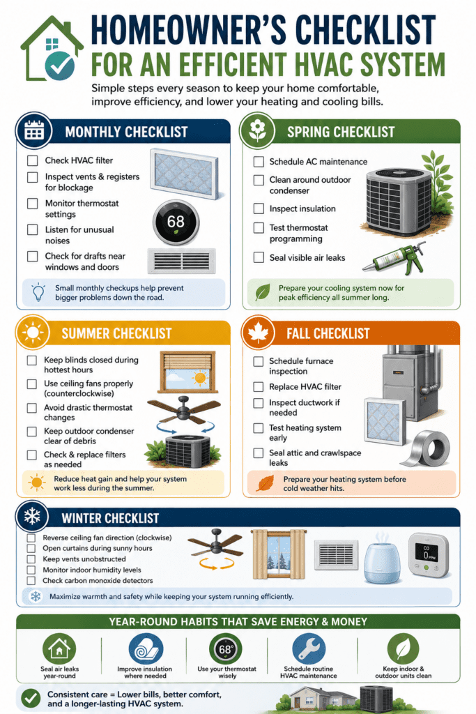 homeowners checklistof things to do during the different seasons to help lower energy bills.