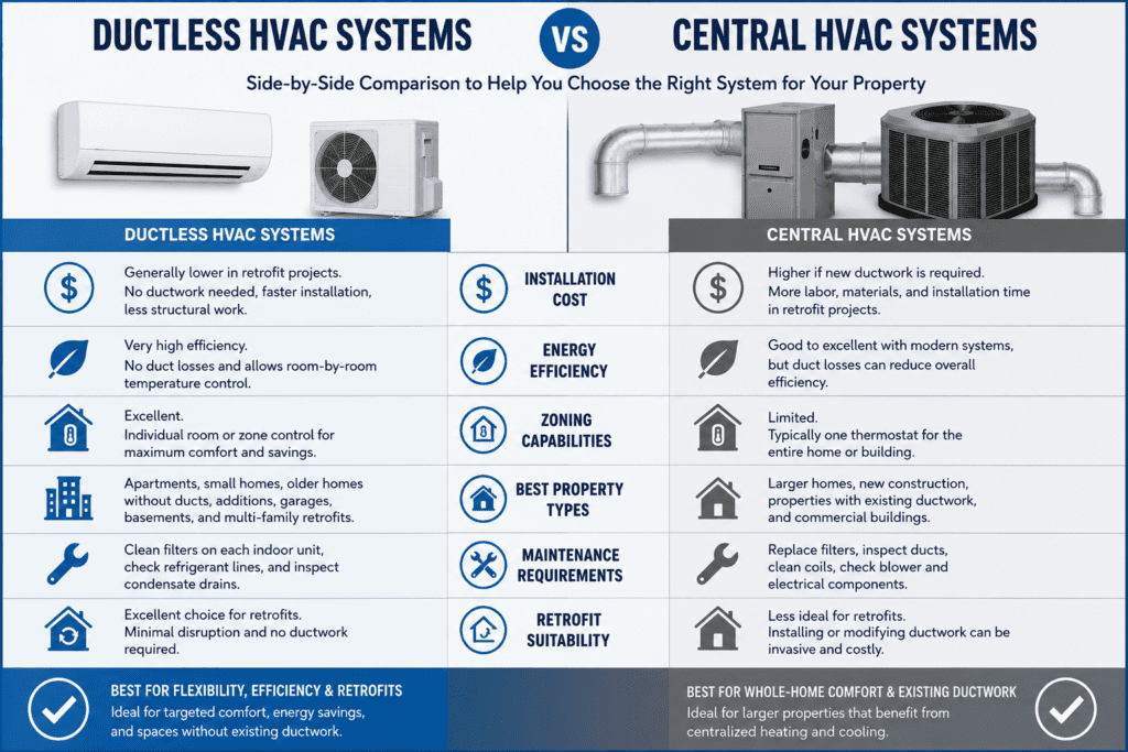 infograph showing the differences between ductless and central HVAC systems.