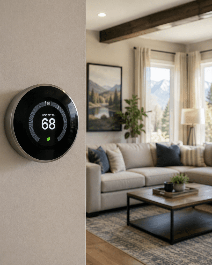 image of a smart thermostat set to 68 degrees for most efficient operation.
