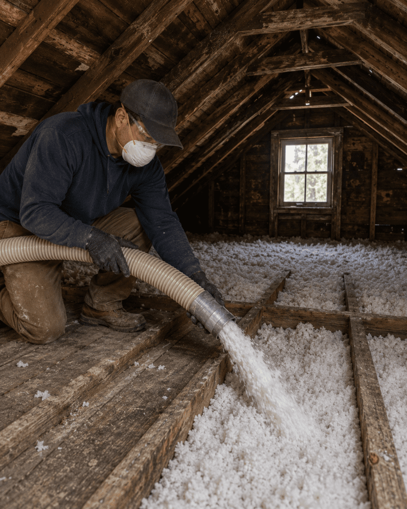 an insulation specialist updating insulation in an attic space.