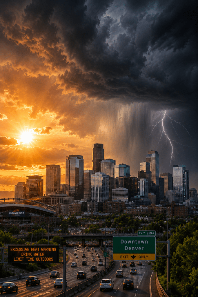 Denver skyline during a summer heat wave with dark thunderstorm clouds, lightning, and intense sunshine over the city.