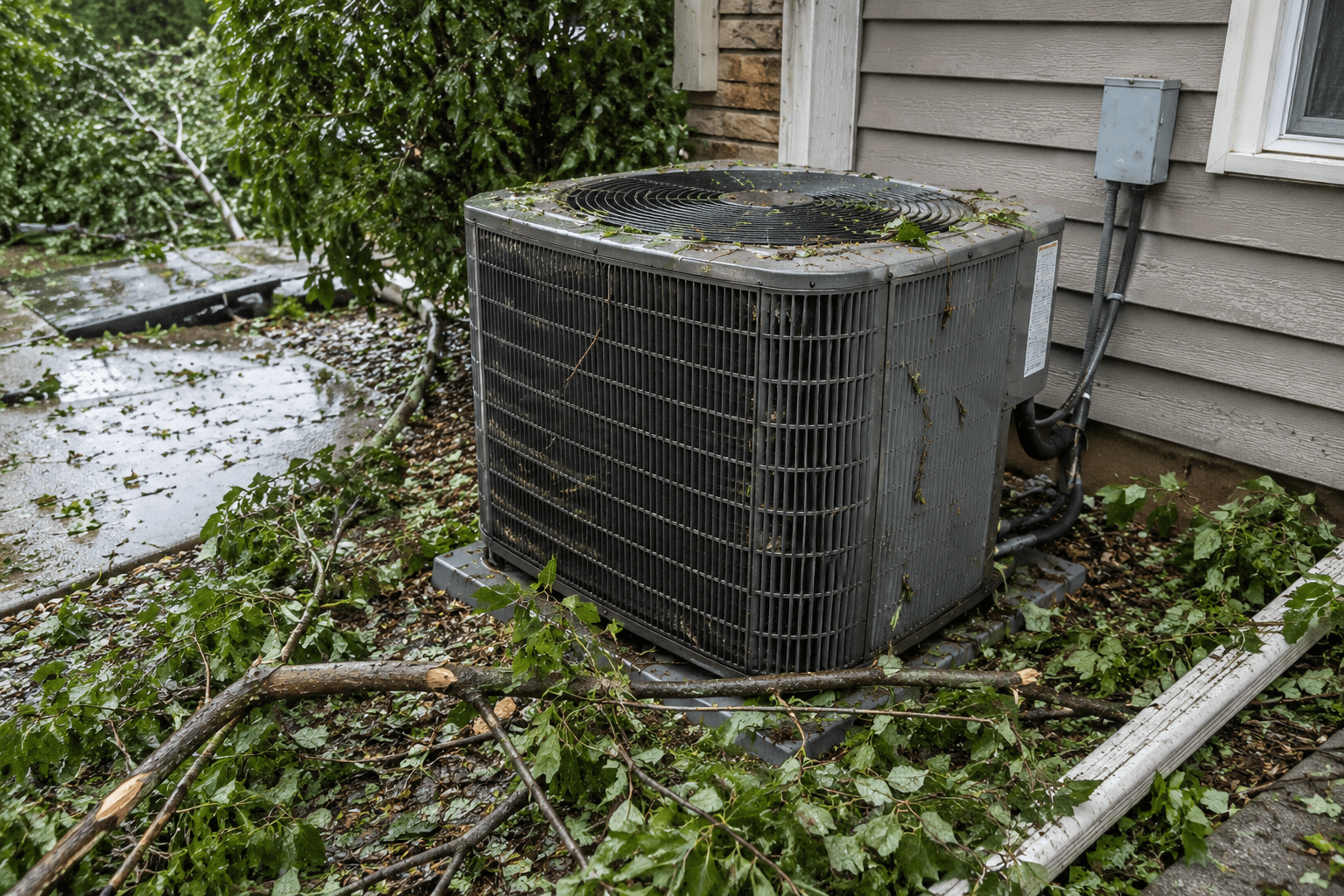 Storm debris around a residential HVAC condenser affecting airflow.