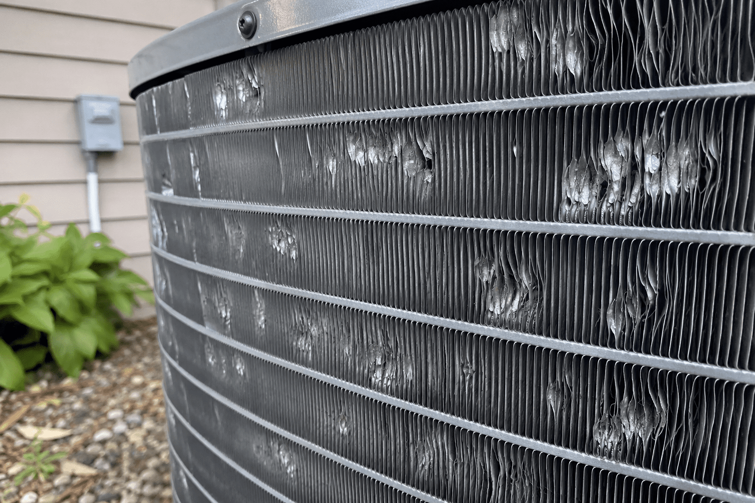 Hail damage to an outdoor air conditioning condenser in Colorado.