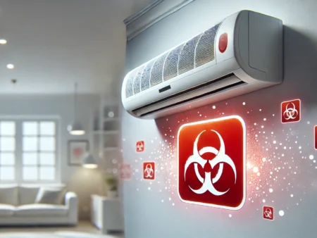 A modern air conditioning unit installed on a wall, with a clean and safe indoor environment. A red warning symbol with a carbon monoxide A modern air conditioning unit installed on a wall, with a clean and safe indoor environment. A red warning symbol with a carbon monoxide icon is shown fading in the background to indicate awareness. The image is well-lit, emphasizing home safety and air quality.