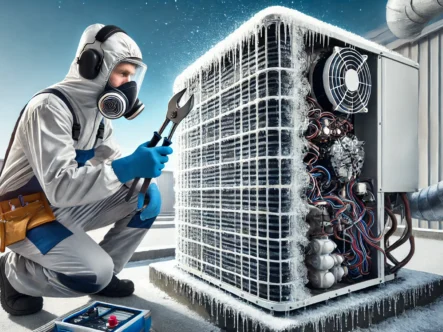 A modern air conditioning unit with visible ice buildup on its coils being examined by a professional HVAC technician in protective gear. A modern air conditioning unit with visible ice buildup on its coils being examined by a professional HVAC technician in protective gear. The technician is using specialized tools to diagnose the issue. The background features an outdoor industrial setting with a clear blue sky, emphasizing technical precision and urgency.