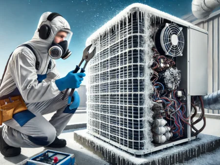 A modern air conditioning unit with visible ice buildup on its coils being examined by a professional HVAC technician in protective gear. A modern air conditioning unit with visible ice buildup on its coils being examined by a professional HVAC technician in protective gear. The technician is using specialized tools to diagnose the issue. The background features an outdoor industrial setting with a clear blue sky, emphasizing technical precision and urgency.