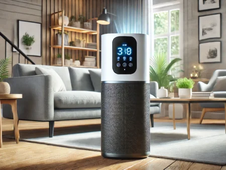 A modern air purifier in a stylish living room A modern air purifier in a stylish living room, actively removing odors from the air. The device is sleek and high-tech, with a digital display showing air quality improvements. The background features a cozy home setting with natural lighting, emphasizing a fresh and clean atmosphere.