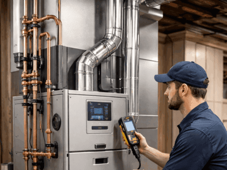 HVAC technicial testing new NOx system HVAC technician testing a newly installed Ultra-Low NOx furnace in a residential basement.