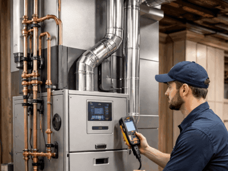 HVAC technicial testing new NOx system HVAC technician testing a newly installed Ultra-Low NOx furnace in a residential basement.
