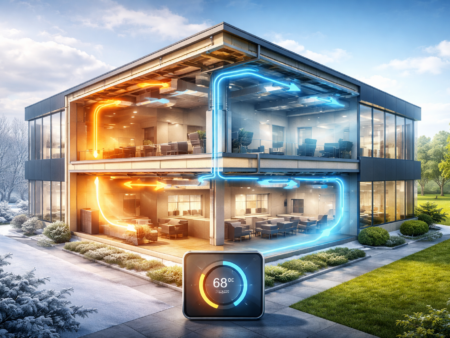 Seasons and systems-a building split HVAC efficiency concept showing seasonal heating and cooling optimization in a commercial building