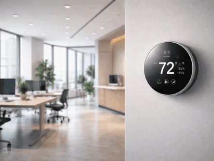 Smart thermostat installed in a modern commercial office controlling HVAC system efficiently