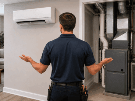 featured image Technician comparing ductless mini-split HVAC and central air conditioning systems inside a residential property.